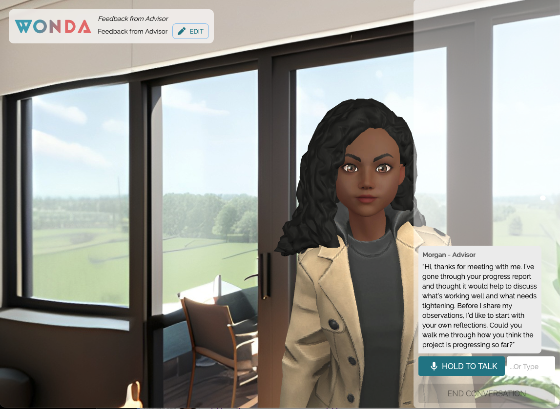 A virtual advisor in an office asks the user to reflect on their project’s progress via an on‑screen dialogue box.