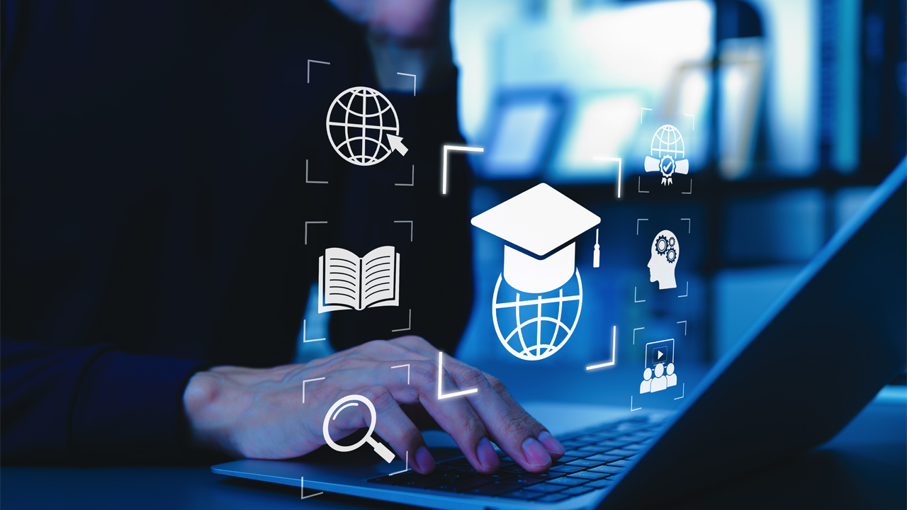 graphic image of person typing with learning outcomes shared