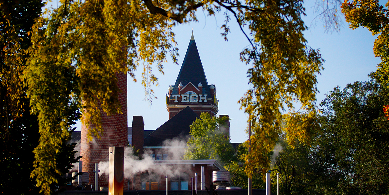 tech tower with greenery surrounding